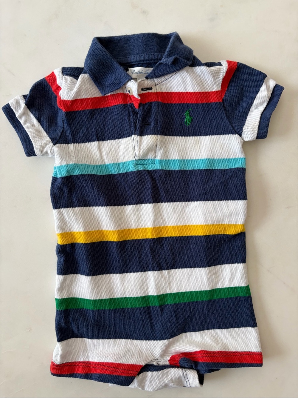 Ralph Lauren Navy Multi-Stripe Polo Romper with Bright Accent Stripes